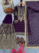 Purple Georgette Fancy Embroidered Sharara Suit Set - BONYHUBSALWAR KAMEEZ