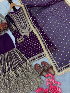 Purple Georgette Fancy Embroidered Sharara Suit Set - BONYHUBSALWAR KAMEEZ