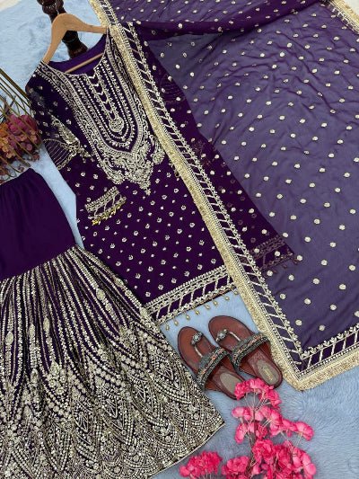 Purple Georgette Fancy Embroidered Sharara Suit Set - BONYHUBSALWAR KAMEEZ