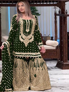 Dark Green Georgette Fancy Embroidered Sharara Suit Set - BONYHUBSALWAR KAMEEZ