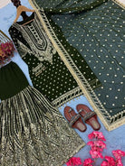 Dark Green Georgette Fancy Embroidered Sharara Suit Set - BONYHUBSALWAR KAMEEZ