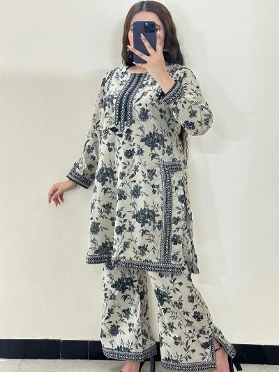 White Floral Digital Print Palazzo Suit Set - BONYHUBSALWAR KAMEEZ