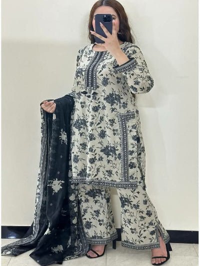 White Floral Digital Print Palazzo Suit Set - BONYHUBSALWAR KAMEEZ
