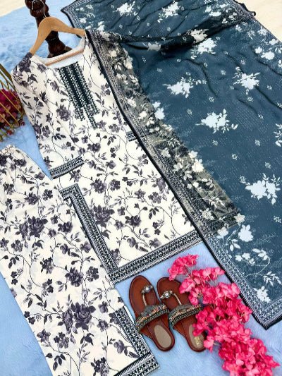 White Floral Digital Print Palazzo Suit Set - BONYHUBSALWAR KAMEEZ