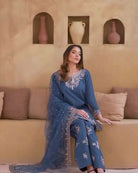 Dusty Powder Blue Embroidered Farshi Suit Set - BONYHUBSALWAR KAMEEZ