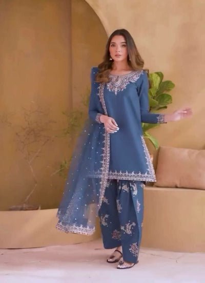 Dusty Powder Blue Embroidered Farshi Suit Set - BONYHUBSALWAR KAMEEZ