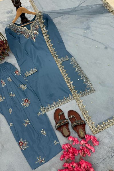 Dusty Powder Blue Embroidered Farshi Suit Set - BONYHUBSALWAR KAMEEZ