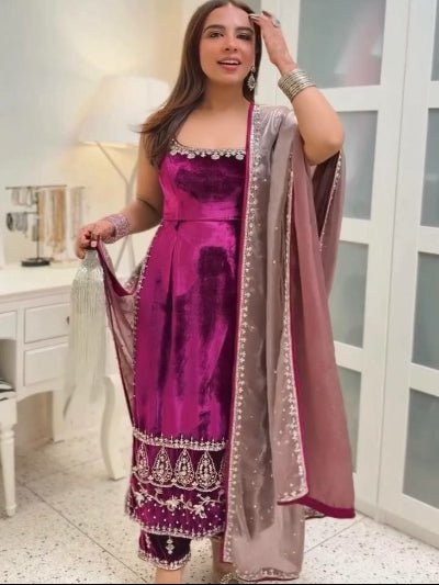 Fuchsia Pink Velvet Embroidery Work Sleeveless Suit - BONYHUBSALWAR KAMEEZ