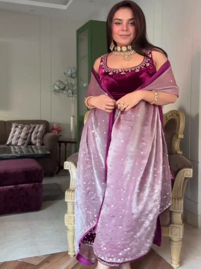 Fuchsia Pink Velvet Embroidery Work Sleeveless Suit - BONYHUBSALWAR KAMEEZ