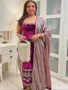 Fuchsia Pink Velvet Embroidery Work Sleeveless Suit - BONYHUBSALWAR KAMEEZ