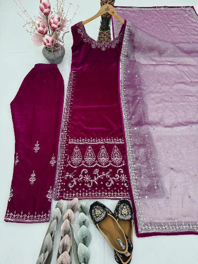Fuchsia Pink Velvet Embroidery Work Sleeveless Suit - BONYHUBSALWAR KAMEEZ