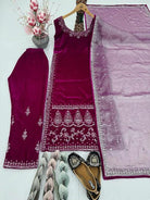 Fuchsia Pink Velvet Embroidery Work Sleeveless Suit - BONYHUBSALWAR KAMEEZ