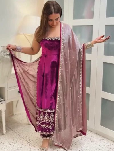 Fuchsia Pink Velvet Embroidery Work Sleeveless Suit - BONYHUBSALWAR KAMEEZ