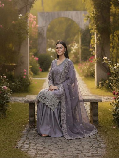 Dusty Lilac Grey Embroidery Work Sharara Suit - BONYHUBSALWAR KAMEEZ