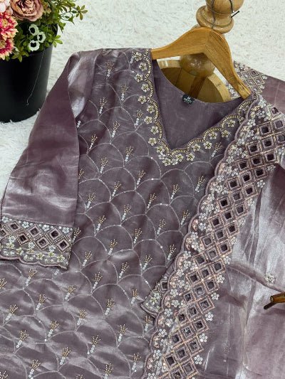 Dusty Lilac Grey Embroidery Work Sharara Suit - BONYHUBSALWAR KAMEEZ