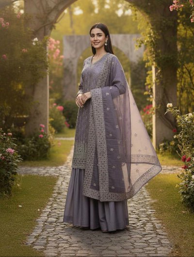 Dusty Lilac Grey Embroidery Work Sharara Suit - BONYHUBSALWAR KAMEEZ
