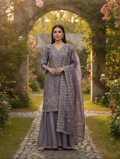 Dusty Lilac Grey Embroidery Work Sharara Suit - BONYHUBSALWAR KAMEEZ