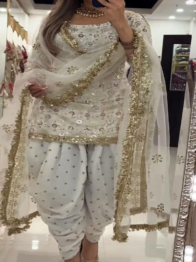 White Georgette Embroidery Punjabi Dhoti Suit Set