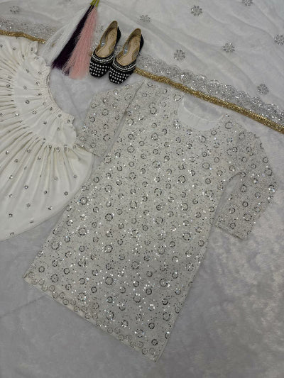 White Georgette Embroidery Punjabi Dhoti Suit Set