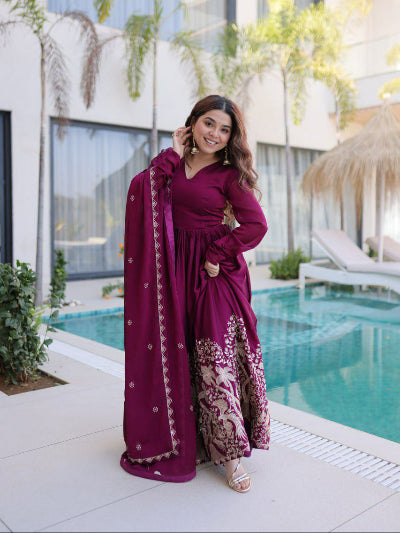 Deep Berry Embroidery Anarkali Gown Dupatta Set Of 2