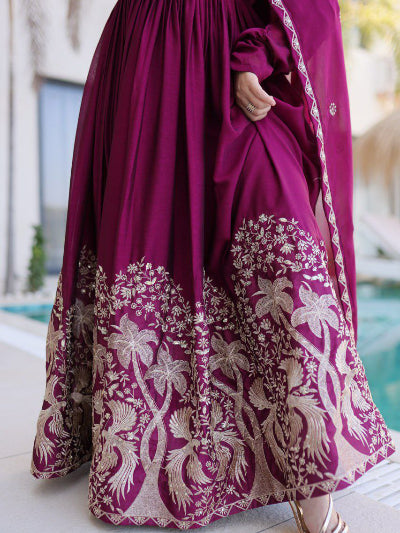 Deep Berry Embroidery Anarkali Gown Dupatta Set Of 2