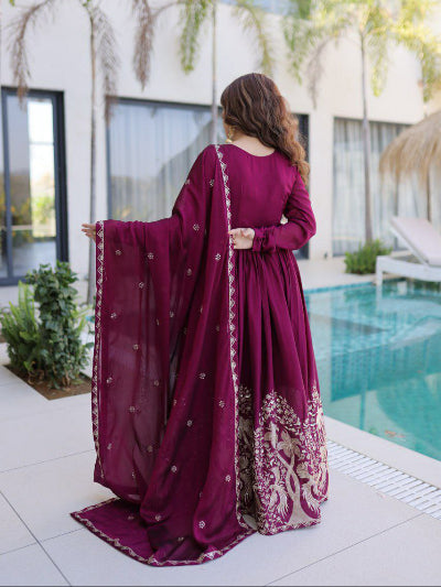 Deep Berry Embroidery Anarkali Gown Dupatta Set Of 2
