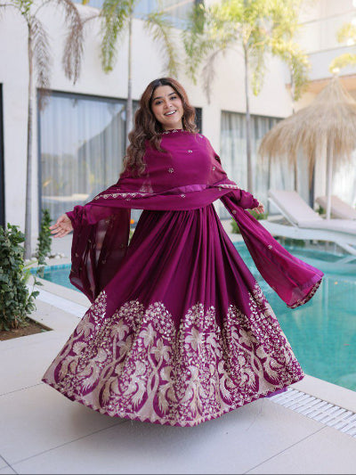 Deep Berry Embroidery Anarkali Gown Dupatta Set Of 2