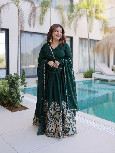Dark Green Embroidery Anarkali Gown Dupatta Set Of 2