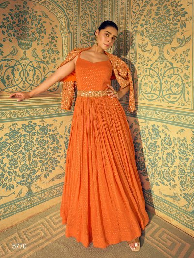 Orange Partywear Georgette Sequins Embroidery Long Gown With Jacket - BONYHUBSALWAR KAMEEZ