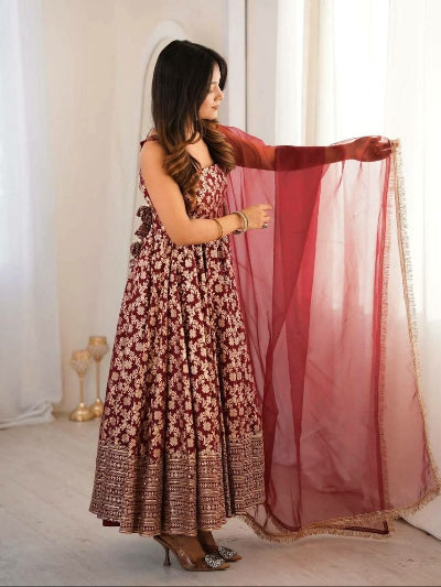 Meher Maroon Chanderi Gold Jacquard Anarkali Suit