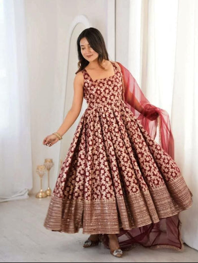 Meher Maroon Chanderi Gold Jacquard Anarkali Suit