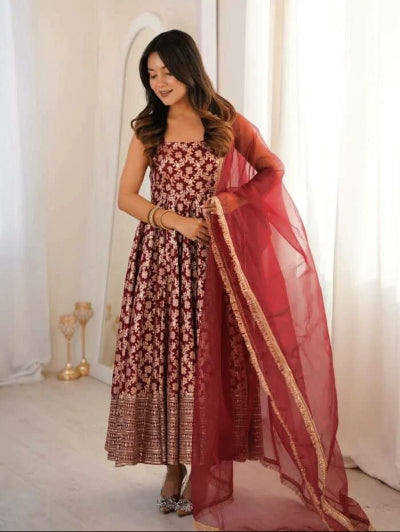 Meher Maroon Chanderi Gold Jacquard Anarkali Suit