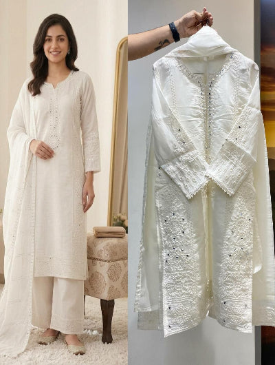 White Mirror Work Suit with Organza Dupatta