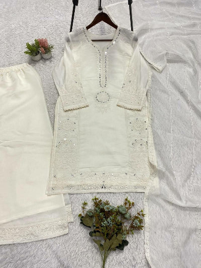 White Mirror Work Suit with Organza Dupatta