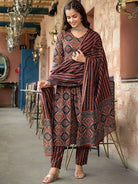 Brown Cotton Jaipuri Print Anarkali Suit - BONYHUBSALWAR KAMEEZ