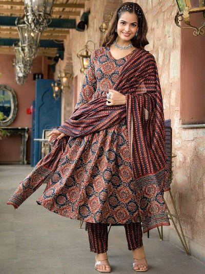 Brown Cotton Jaipuri Print Anarkali Suit - BONYHUBSALWAR KAMEEZ
