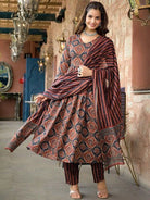 Brown Cotton Jaipuri Print Anarkali Suit - BONYHUBSALWAR KAMEEZ