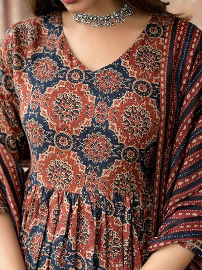 Brown Cotton Jaipuri Print Anarkali Suit - BONYHUBSALWAR KAMEEZ