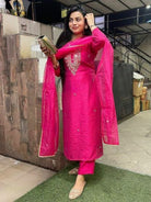 Rani Pink Chanderi Embroidered Straight Suit Set - BONYHUBSALWAR KAMEEZ