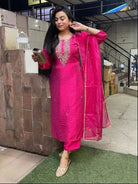 Rani Pink Chanderi Embroidered Straight Suit Set - BONYHUBSALWAR KAMEEZ