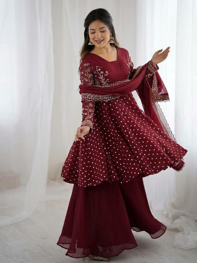 Maroon Peplum Style Anarkali Kurti Sharara Set - BONYHUBSALWAR KAMEEZ