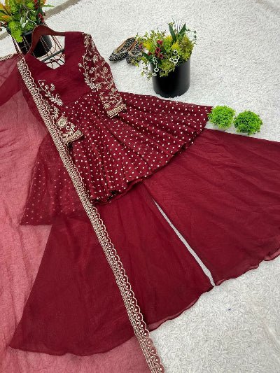 Maroon Peplum Style Anarkali Kurti Sharara Set - BONYHUBSALWAR KAMEEZ