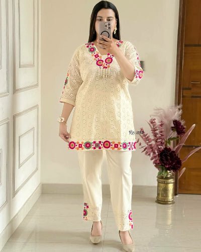 Cream Designer Schiffli Work Co - ord Set Of 2 - BONYHUBSALWAR KAMEEZ
