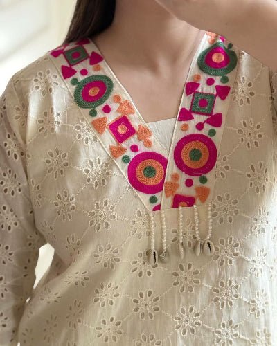 Cream Designer Schiffli Work Co - ord Set Of 2 - BONYHUBSALWAR KAMEEZ