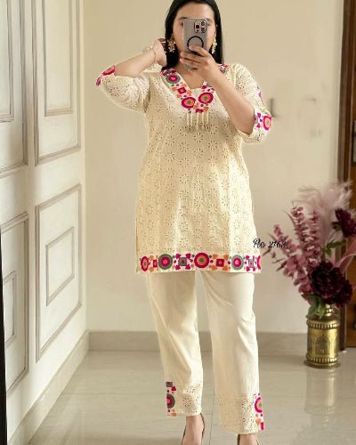 Cream Designer Schiffli Work Co - ord Set Of 2 - BONYHUBSALWAR KAMEEZ
