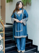 Teal Blue Sequence Embroidered Palazzo Suit Set - BONYHUBSALWAR KAMEEZ
