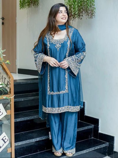 Teal Blue Sequence Embroidered Palazzo Suit Set - BONYHUBSALWAR KAMEEZ