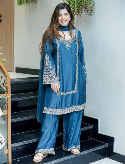 Teal Blue Sequence Embroidered Palazzo Suit Set - BONYHUBSALWAR KAMEEZ