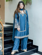 Teal Blue Sequence Embroidered Palazzo Suit Set - BONYHUBSALWAR KAMEEZ