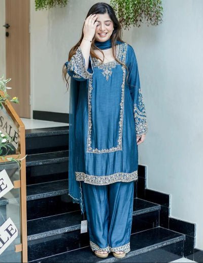 Teal Blue Sequence Embroidered Palazzo Suit Set - BONYHUBSALWAR KAMEEZ